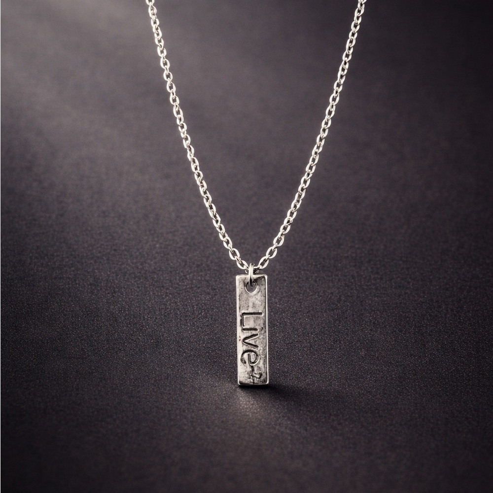 Dark Metal Silver “Live” Bar Necklace